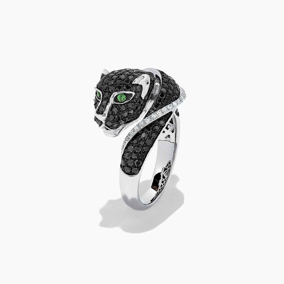 The Signature 14K White Gold Black & White Diamond Panther Ring (1.54 TCW) showcases a panther’s head and paw with black and white diamonds, green gemstone eyes, and a diamond-accented band.