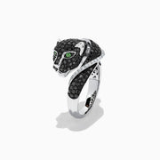 The Signature 14K White Gold Black & White Diamond Panther Ring (1.54 TCW) showcases a panther’s head and paw with black and white diamonds, green gemstone eyes, and a diamond-accented band.