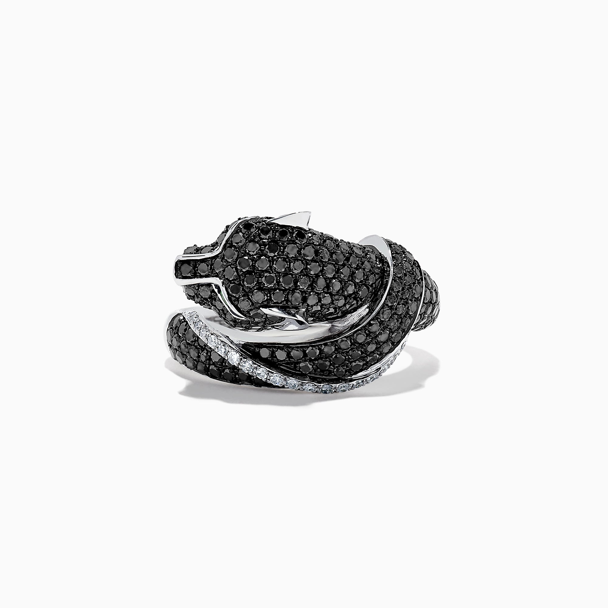 The Signature 14K White Gold Black & White Diamond Panther Ring (1.54 TCW) showcases a panther’s head and paw with black and white diamonds, green gemstone eyes, and a diamond-accented band.