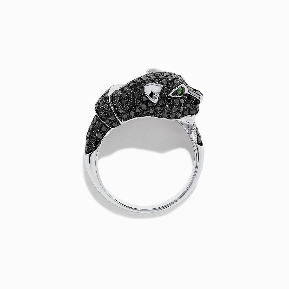 The Signature 14K White Gold Black & White Diamond Panther Ring (1.54 TCW) showcases a panther’s head and paw with black and white diamonds, green gemstone eyes, and a diamond-accented band.