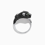 The Signature 14K White Gold Black & White Diamond Panther Ring (1.54 TCW) showcases a panther’s head and paw with black and white diamonds, green gemstone eyes, and a diamond-accented band.