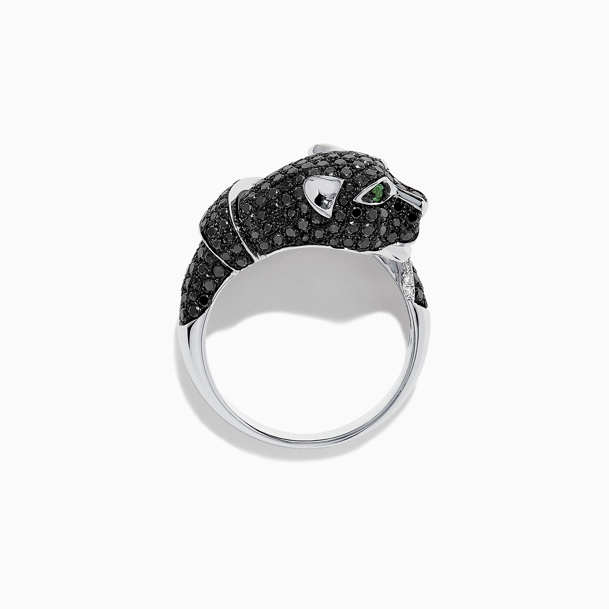 The Signature 14K White Gold Black & White Diamond Panther Ring (1.54 TCW) showcases a panther’s head and paw with black and white diamonds, green gemstone eyes, and a diamond-accented band.