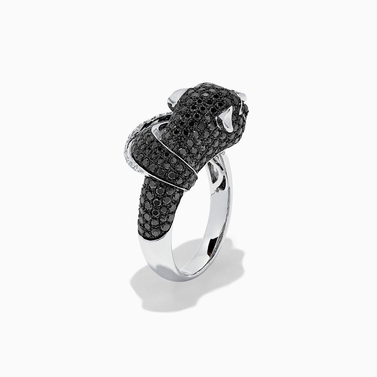 The Signature 14K White Gold Black & White Diamond Panther Ring (1.54 TCW) showcases a panther’s head and paw with black and white diamonds, green gemstone eyes, and a diamond-accented band.