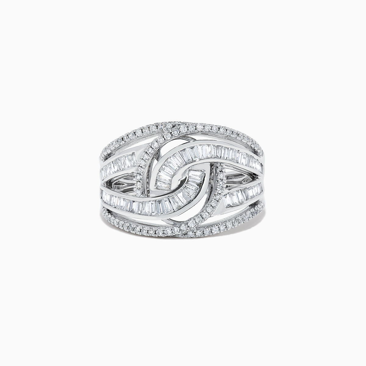 The Classique 14K White Gold Diamond Ring, 0.81 TCW, features an intricate interwoven design with baguette-cut and round diamonds for a sparkling, elegant look.