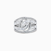 The Classique 14K White Gold Diamond Ring, 0.81 TCW, features an intricate interwoven design with baguette-cut and round diamonds for a sparkling, elegant look.