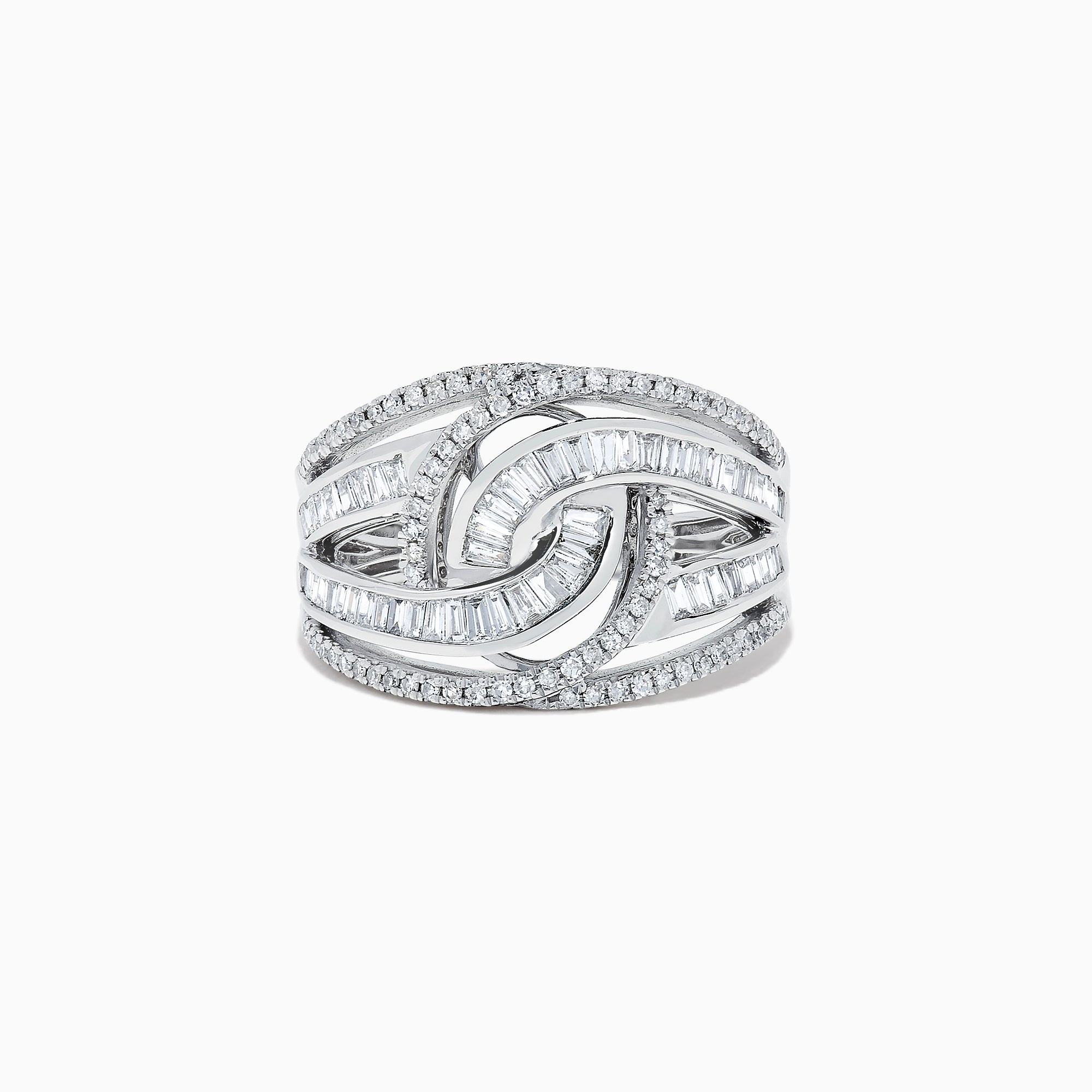 The Classique 14K White Gold Diamond Ring, 0.81 TCW, features an intricate interwoven design with baguette-cut and round diamonds for a sparkling, elegant look.