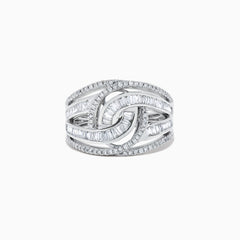 The Classique 14K White Gold Diamond Ring, 0.81 TCW, features an intricate interwoven design with baguette-cut and round diamonds for a sparkling, elegant look.