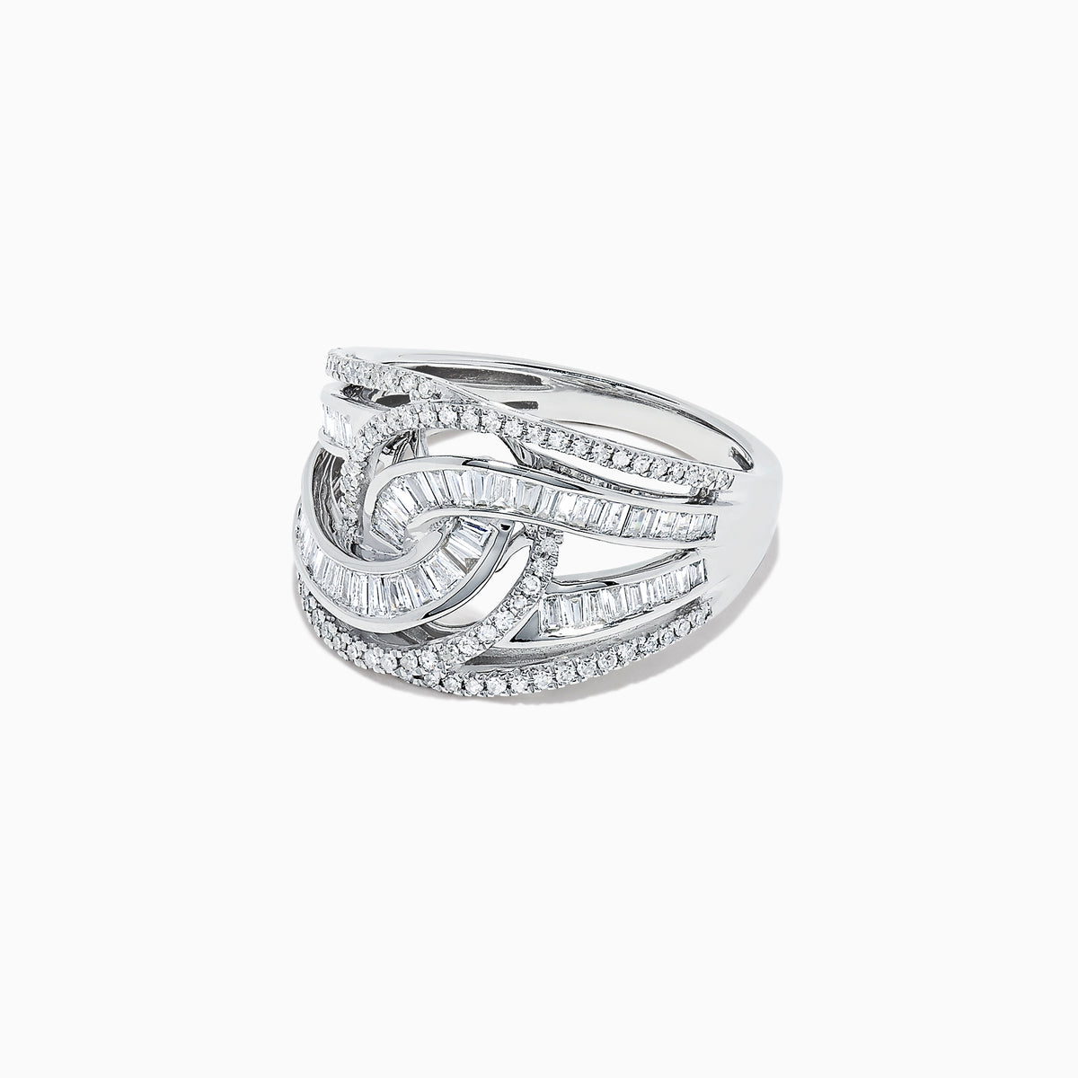 The Classique 14K White Gold Diamond Ring, 0.81 TCW, features an intricate interwoven design with baguette-cut and round diamonds for a sparkling, elegant look.