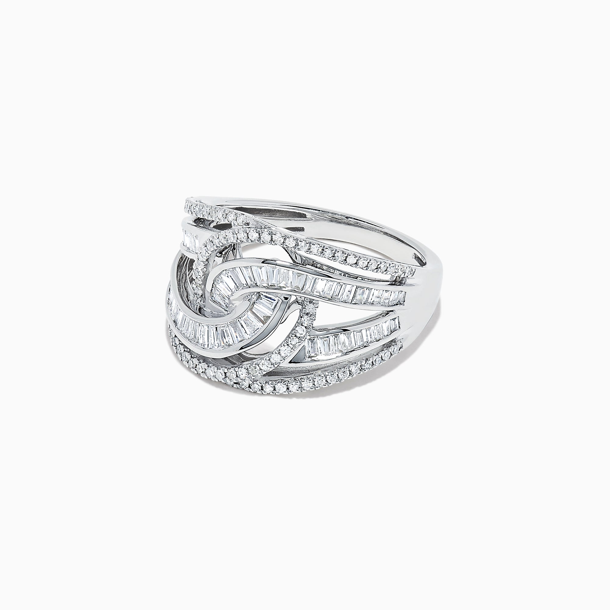 The Classique 14K White Gold Diamond Ring, 0.81 TCW, features an intricate interwoven design with baguette-cut and round diamonds for a sparkling, elegant look.