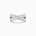 The Classique 14K White Gold Diamond Criss Cross Ring, 0.95 TCW, features baguette-cut and round diamonds in an elegant X-shape design, beautifully showcased on a plain white background.