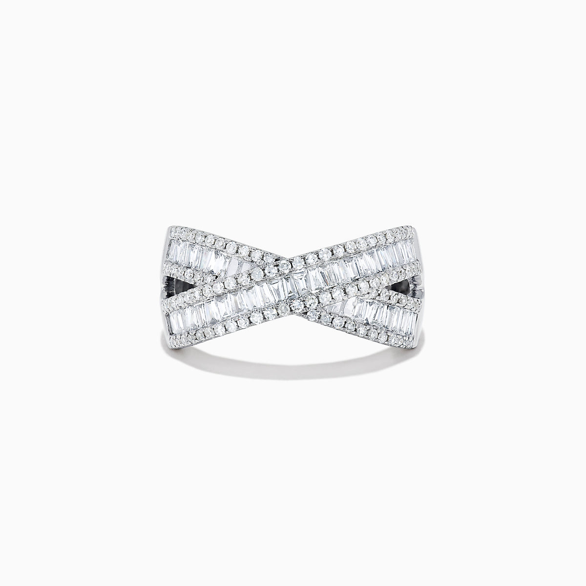The Classique 14K White Gold Diamond Criss Cross Ring, 0.95 TCW, features baguette-cut and round diamonds in an elegant X-shape design, beautifully showcased on a plain white background.