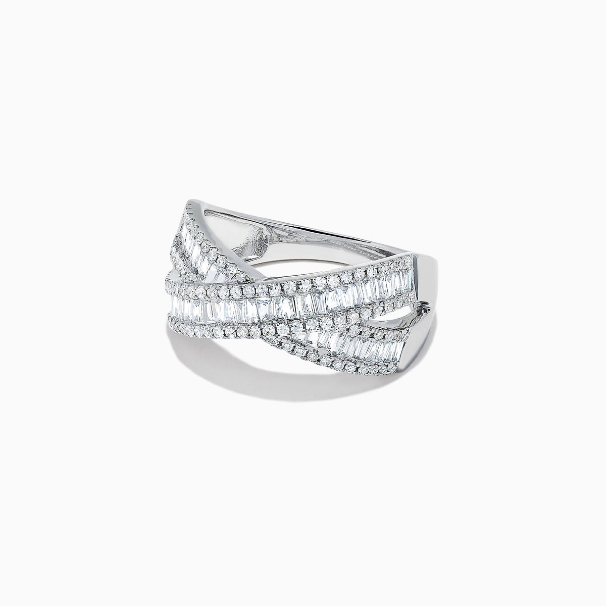 The Classique 14K White Gold Diamond Criss Cross Ring, 0.95 TCW, features baguette-cut and round diamonds in an elegant X-shape design, beautifully showcased on a plain white background.