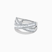 The Classique 14K White Gold Diamond Criss Cross Ring, 0.95 TCW, features baguette-cut and round diamonds in an elegant X-shape design, beautifully showcased on a plain white background.