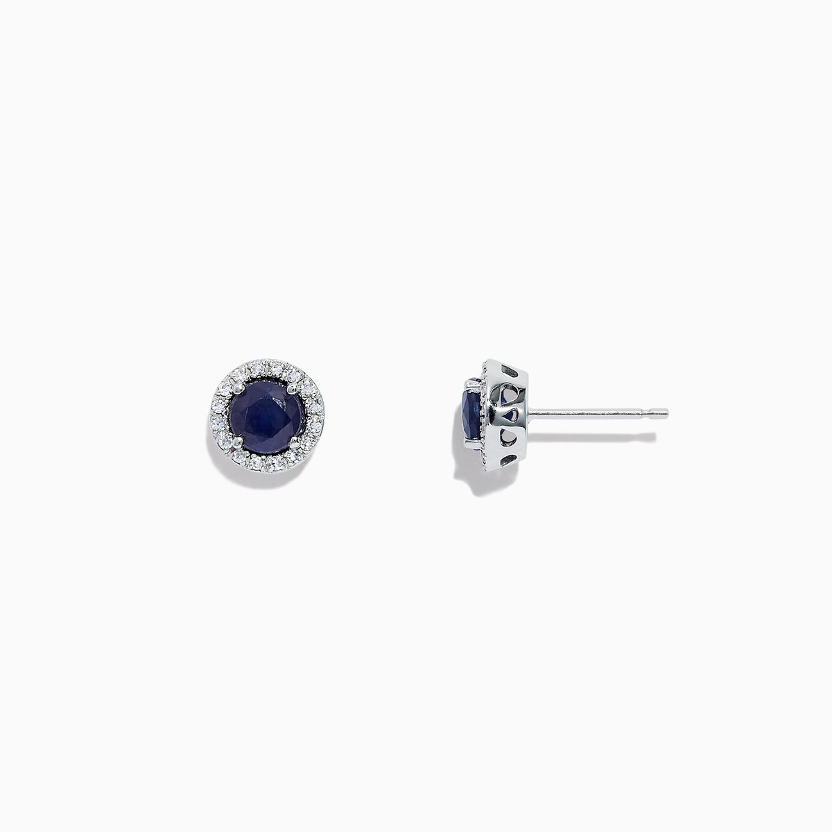 The Royale Bleu 14K White Gold Sapphire & Diamond Stud Earrings, 1.27 TCW, feature deep blue round sapphires encircled by a halo of diamonds and are shown on a white background.
