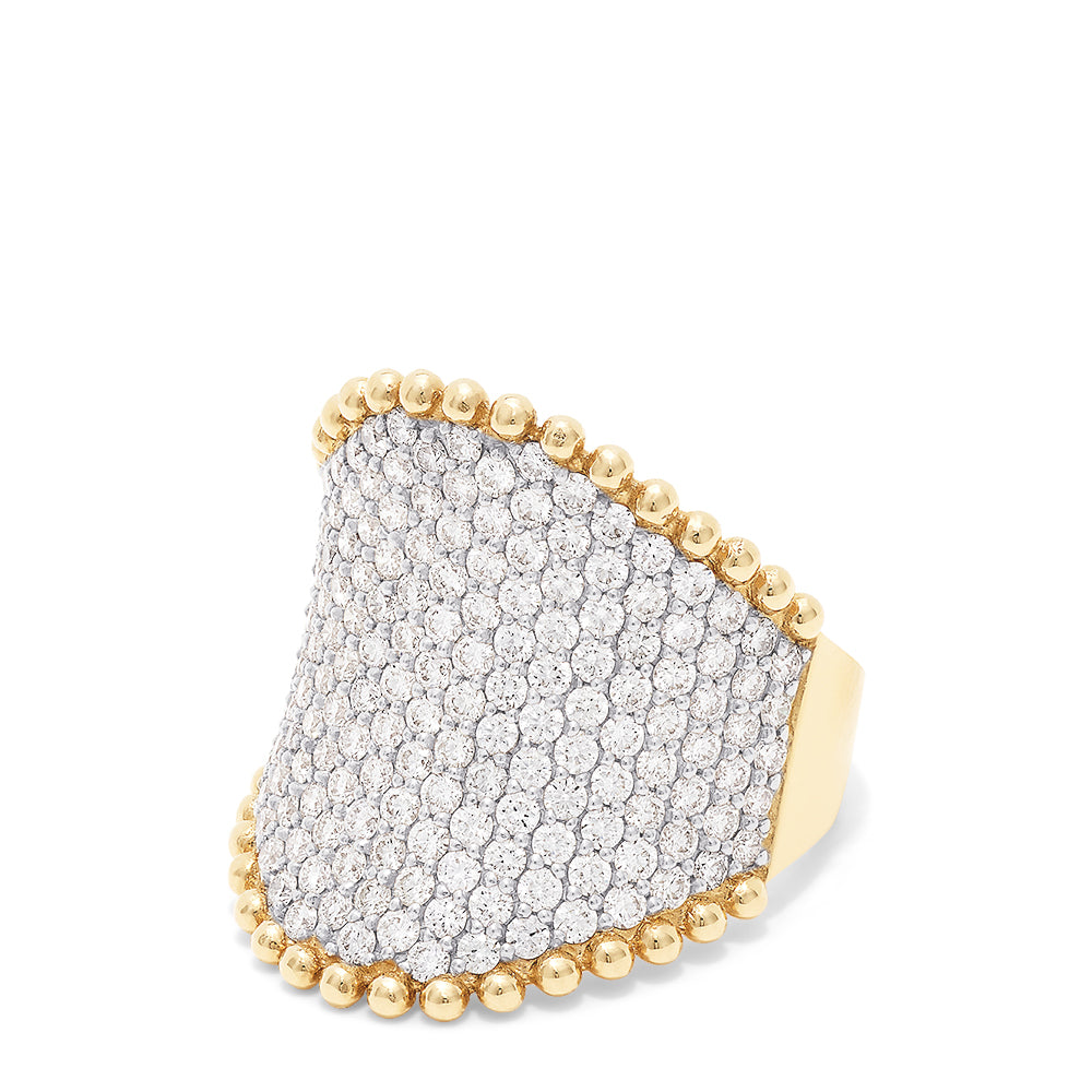 The DOro 14K Yellow Gold Diamond Pave Ring features 2.50 TCW of sparkling diamonds and is accented with two rows of rounded gold beads along the top and bottom edges.