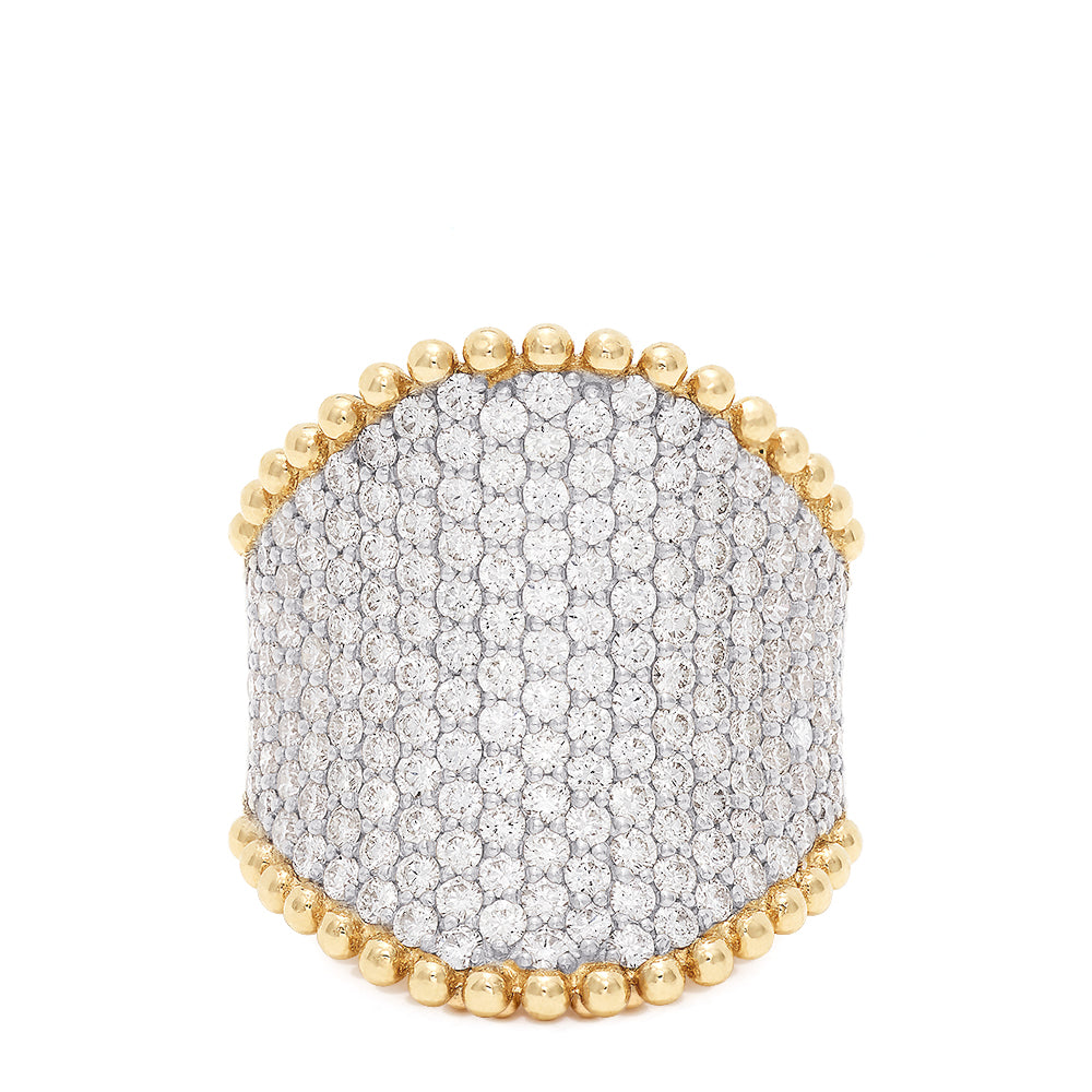 The DOro 14K Yellow Gold Diamond Pave Ring features 2.50 TCW of sparkling diamonds and is accented with two rows of rounded gold beads along the top and bottom edges.
