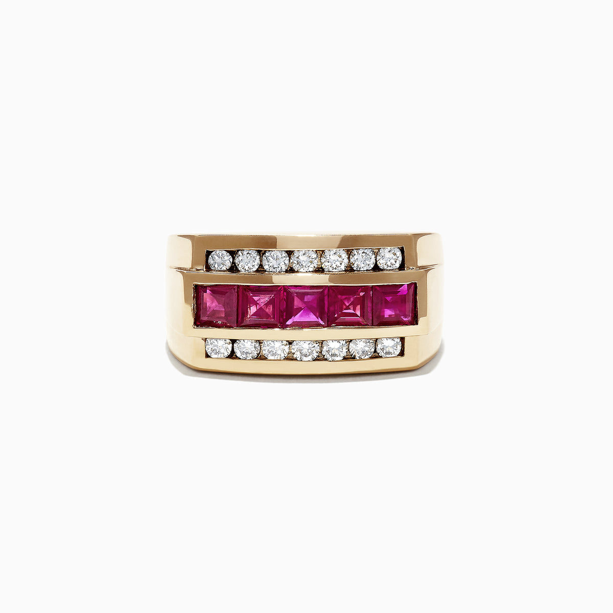 A striking Mens 14K Yellow Gold Diamond Ruby Ring, 2.59 TCW, features a row of square-cut rubies at its center, bordered above and below by two rows of round white diamonds for a bold and elegant look.
