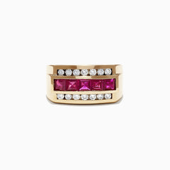 A striking Mens 14K Yellow Gold Diamond Ruby Ring, 2.59 TCW, features a row of square-cut rubies at its center, bordered above and below by two rows of round white diamonds for a bold and elegant look.