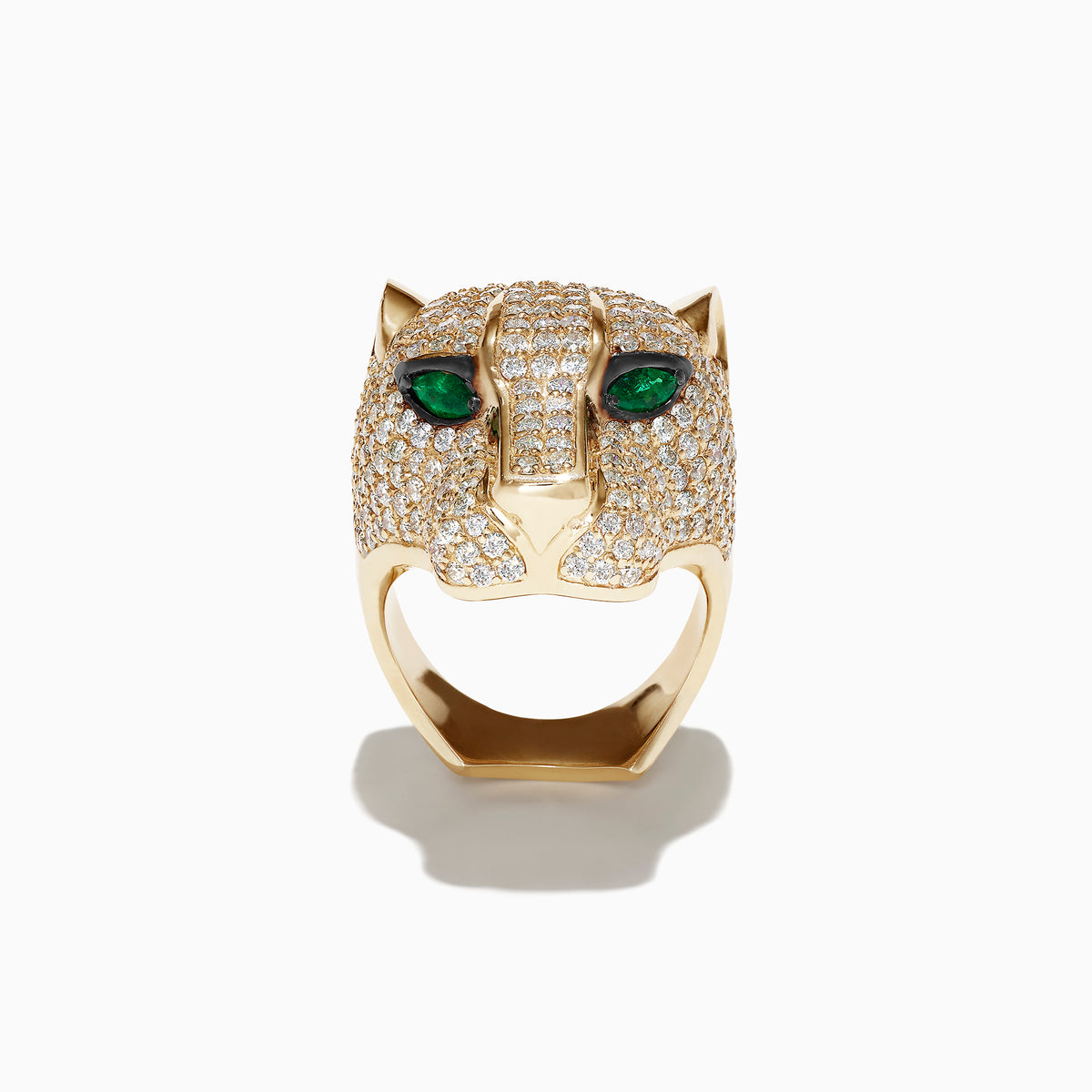 The Limited Edition 14K Yellow Gold Diamond Panther Head Ring, 3.80 TCW, features a panther’s head adorned with diamonds and striking green gemstone eyes, displayed against a plain white background.