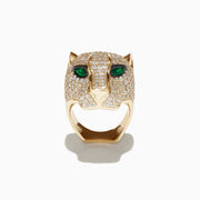 The Limited Edition 14K Yellow Gold Diamond Panther Head Ring, 3.80 TCW, features a panther’s head adorned with diamonds and striking green gemstone eyes, displayed against a plain white background.