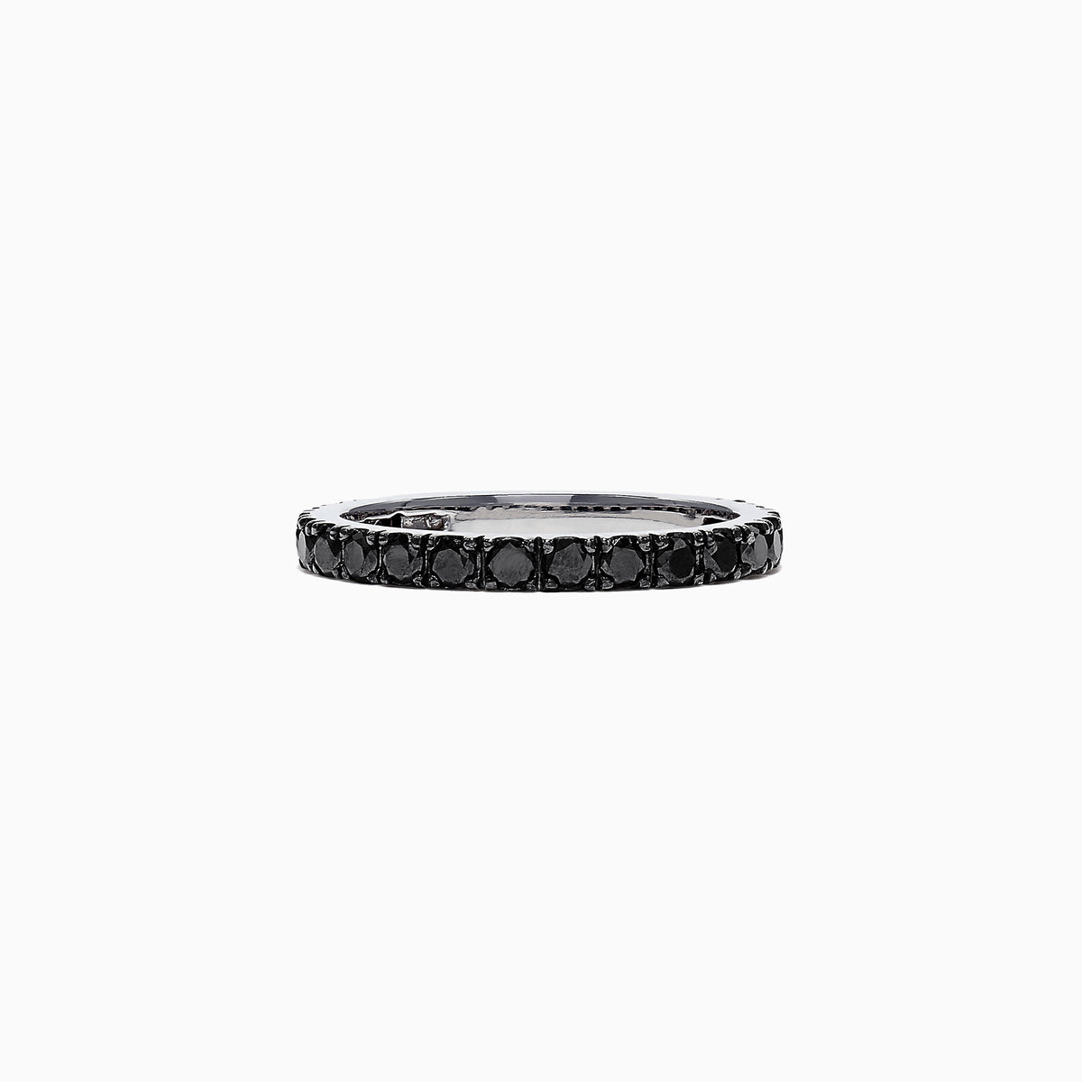 The 14K White Gold Black Diamond Stack Ring, 0.65 TCW, features small round black diamonds encircling the band and is shown against a white background.