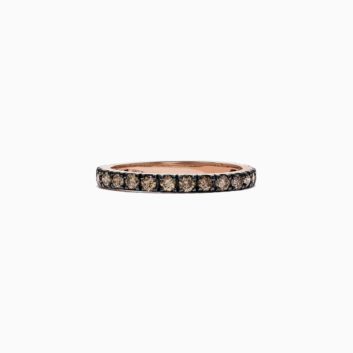 The 14K Rose Gold Brown Diamond Stacking Ring, 0.65 TCW, showcases a full circle of round brown diamonds in a channel setting, perfect for stacking and shown against a white backdrop.