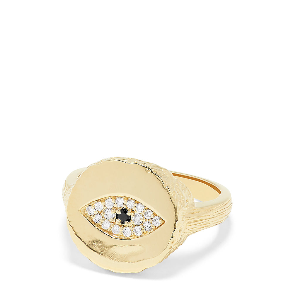 Effy 14K Yellow Gold Black and White Diamond Evil Eye Ring, 0.15 TCW