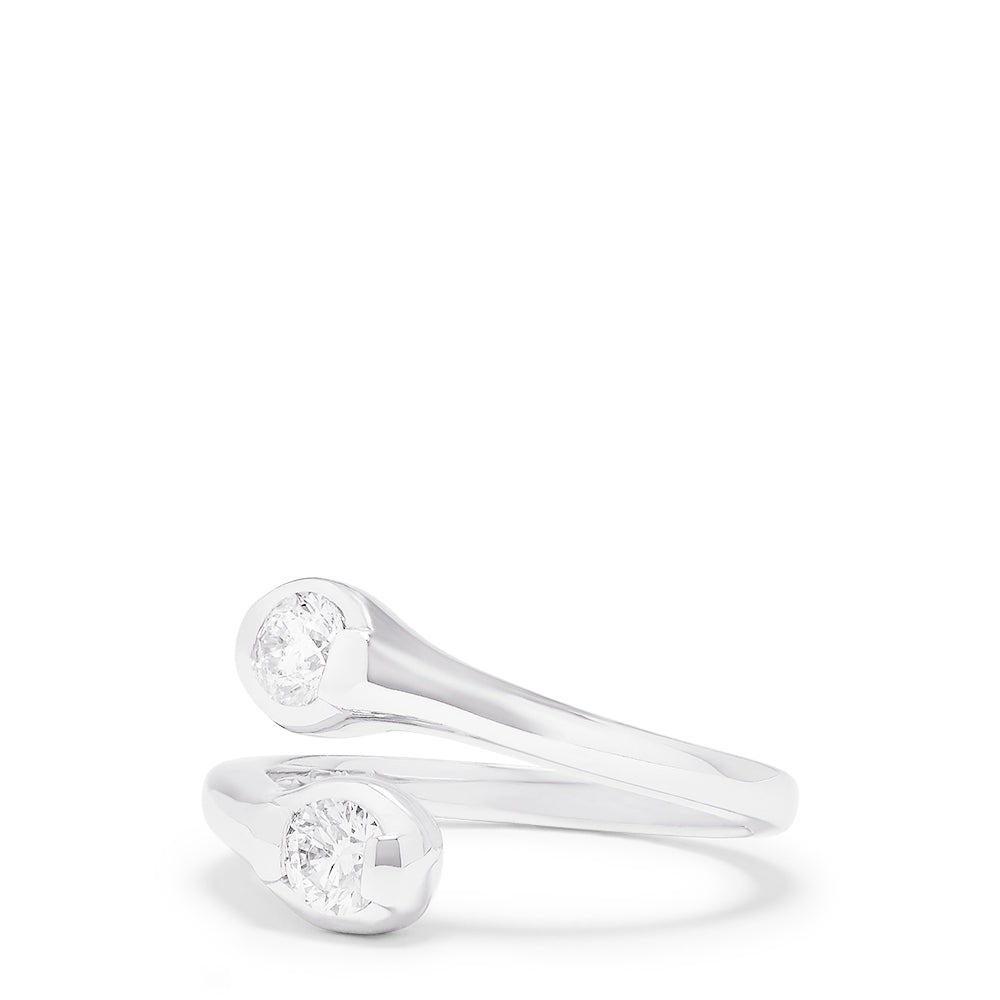 A 14K White Gold Two-of-Us Diamond Ring, 0.59 TCW, elegantly showcases two round bezel-set diamonds on a sleek band—an exquisite Effy design displayed on a white background.
