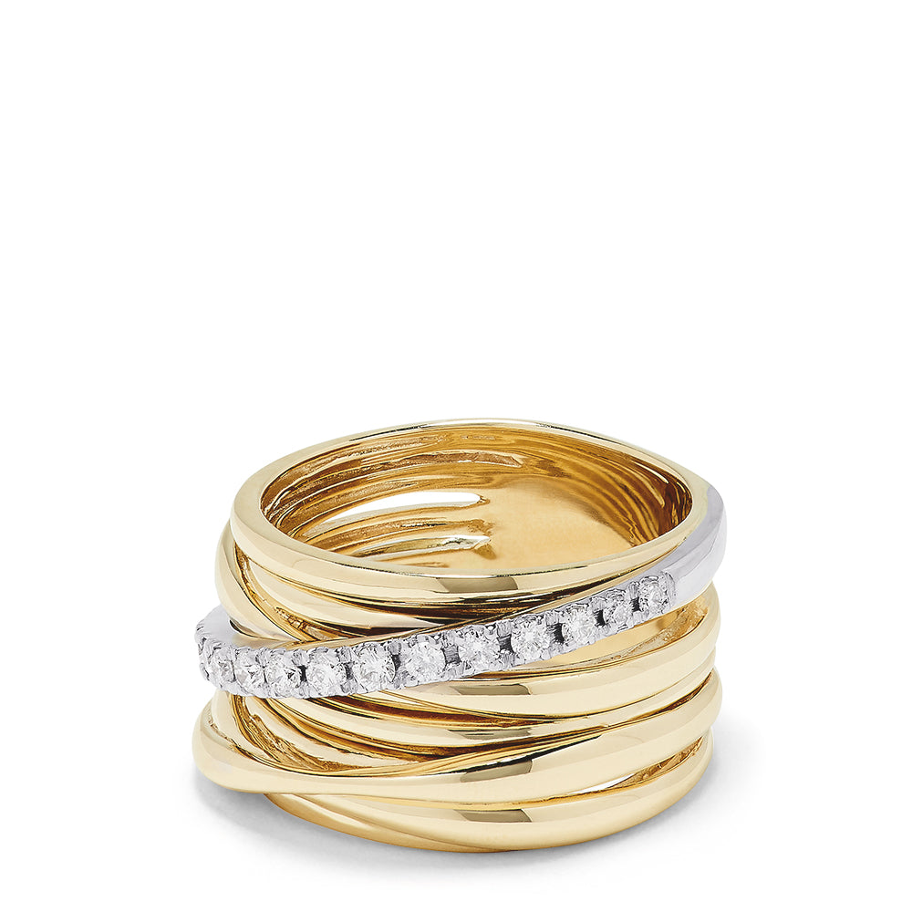 The DOro 14K Yellow and White Gold Diamond Crossover Ring, 0.39 TCW, features stacked bands with smooth and textured finishes and a diagonal band set with sparkling white diamonds for a modern, elegant look.