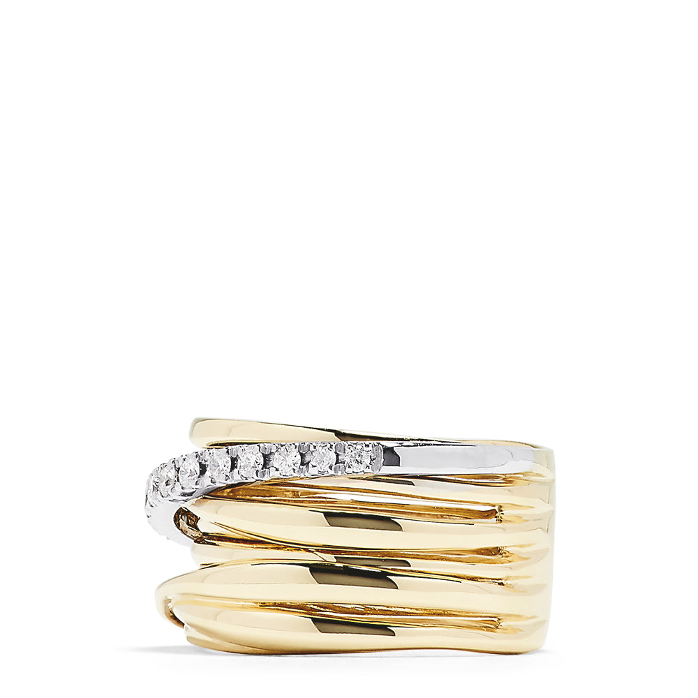 The DOro 14K Yellow and White Gold Diamond Crossover Ring, 0.39 TCW, features stacked bands with smooth and textured finishes and a diagonal band set with sparkling white diamonds for a modern, elegant look.