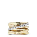 The DOro 14K Yellow and White Gold Diamond Crossover Ring, 0.39 TCW, features stacked bands with smooth and textured finishes and a diagonal band set with sparkling white diamonds for a modern, elegant look.