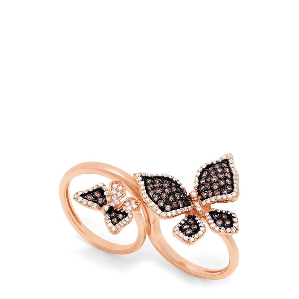 Introducing the Limited Edition Brown and White Diamond Butterfly 2 or 1 Finger Ring, 1.18 TCW—two butterfly shapes with sparkling diamond wings overlap for a stunning effect against a plain white background.