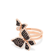 Introducing the Limited Edition Brown and White Diamond Butterfly 2 or 1 Finger Ring, 1.18 TCW—two butterfly shapes with sparkling diamond wings overlap for a stunning effect against a plain white background.