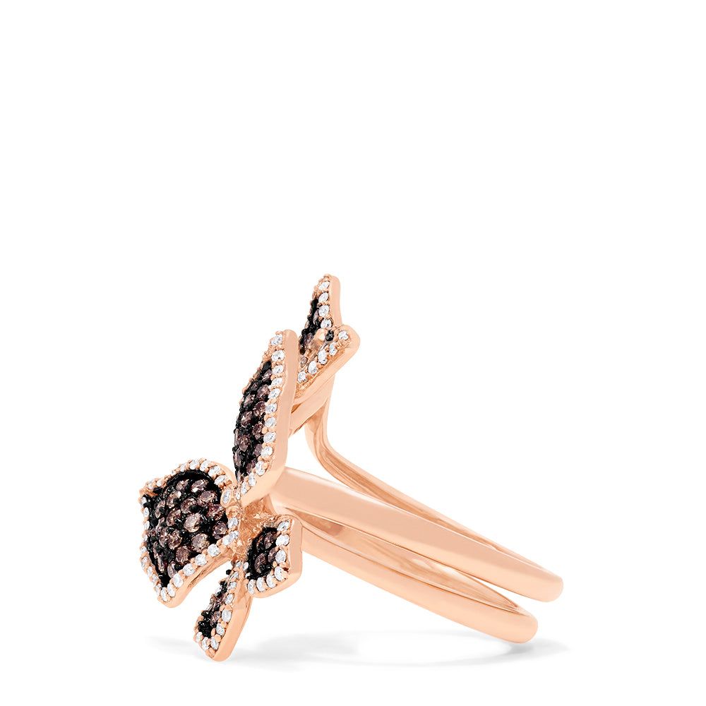 Introducing the Limited Edition Brown and White Diamond Butterfly 2 or 1 Finger Ring, 1.18 TCW—two butterfly shapes with sparkling diamond wings overlap for a stunning effect against a plain white background.