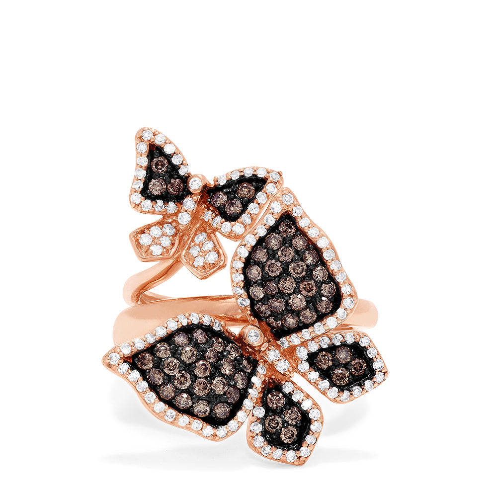 Introducing the Limited Edition Brown and White Diamond Butterfly 2 or 1 Finger Ring, 1.18 TCW—two butterfly shapes with sparkling diamond wings overlap for a stunning effect against a plain white background.