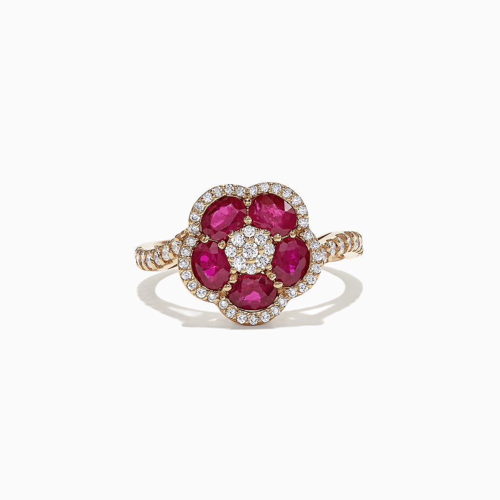 The Ruby Royale 14K Yellow Gold Ruby and Diamond Flower Ring, 1.84 TCW, showcases five oval rubies and sparkling diamonds set on a twisted gold band for a striking floral look.
