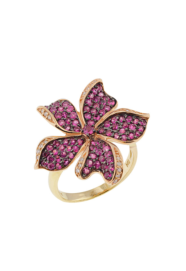 14K Yellow and Rose Gold Ruby and Diamond Flower Ring, 1.27 TCW