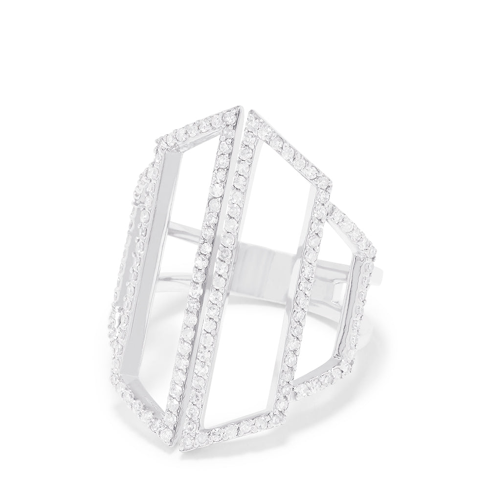 A modern 14K White Gold Diamond Geometric Ring, 0.66 TCW, features two vertical angular bands adorned with sparkling diamonds for an architectural look.