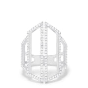 A modern 14K White Gold Diamond Geometric Ring, 0.66 TCW, features two vertical angular bands adorned with sparkling diamonds for an architectural look.