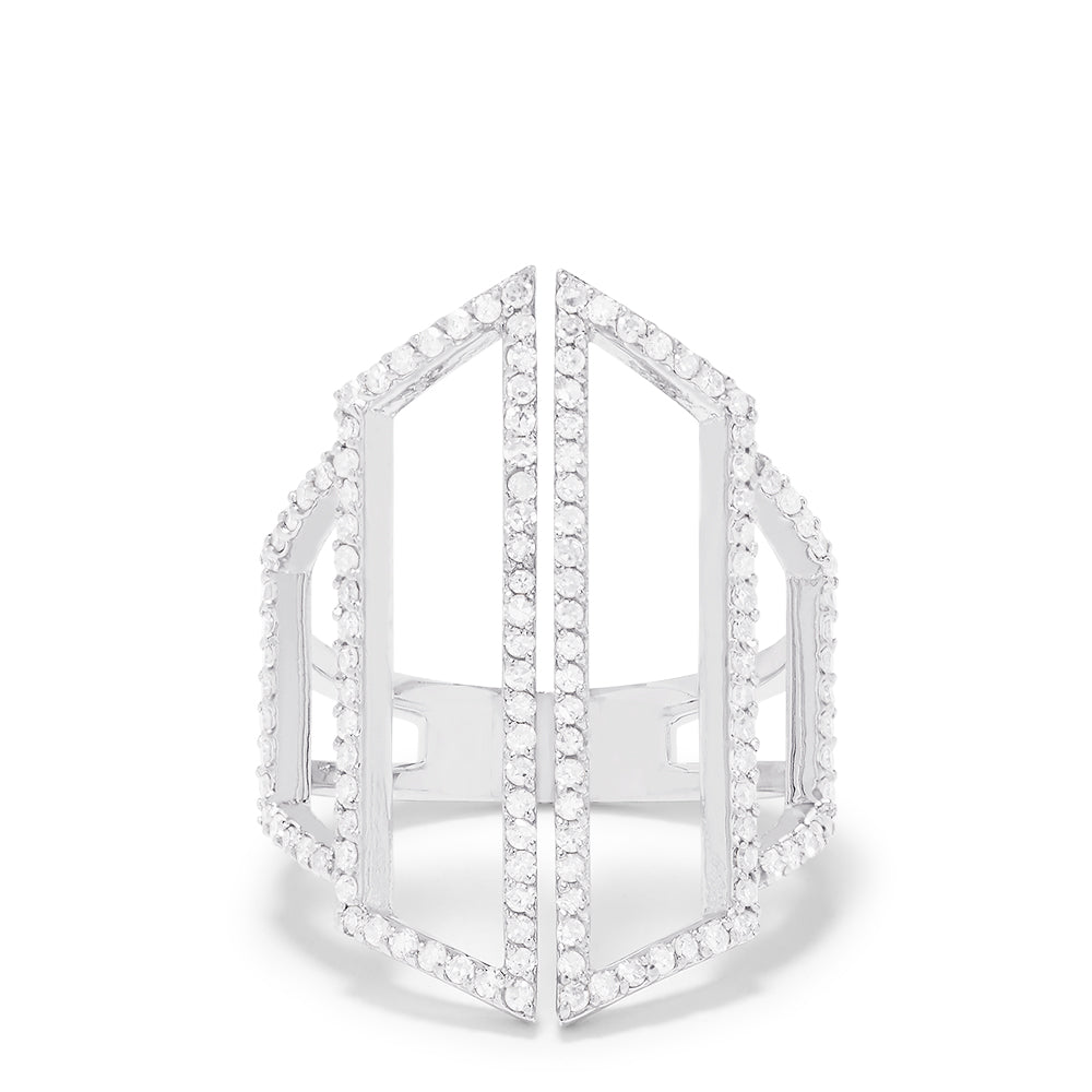 A modern 14K White Gold Diamond Geometric Ring, 0.66 TCW, features two vertical angular bands adorned with sparkling diamonds for an architectural look.