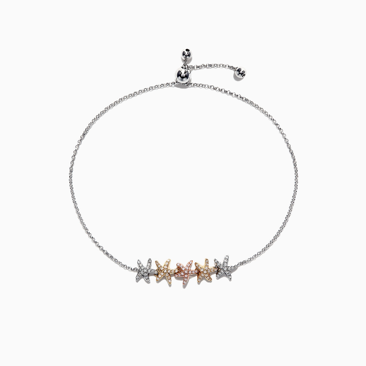 The Seaside 14K Tri Color Gold Diamond Starfish Bracelet features five diamond-encrusted starfish charms in silver, gold, and rose gold tones, arranged symmetrically along an adjustable chain. Total carat weight: 0.28 TCW.