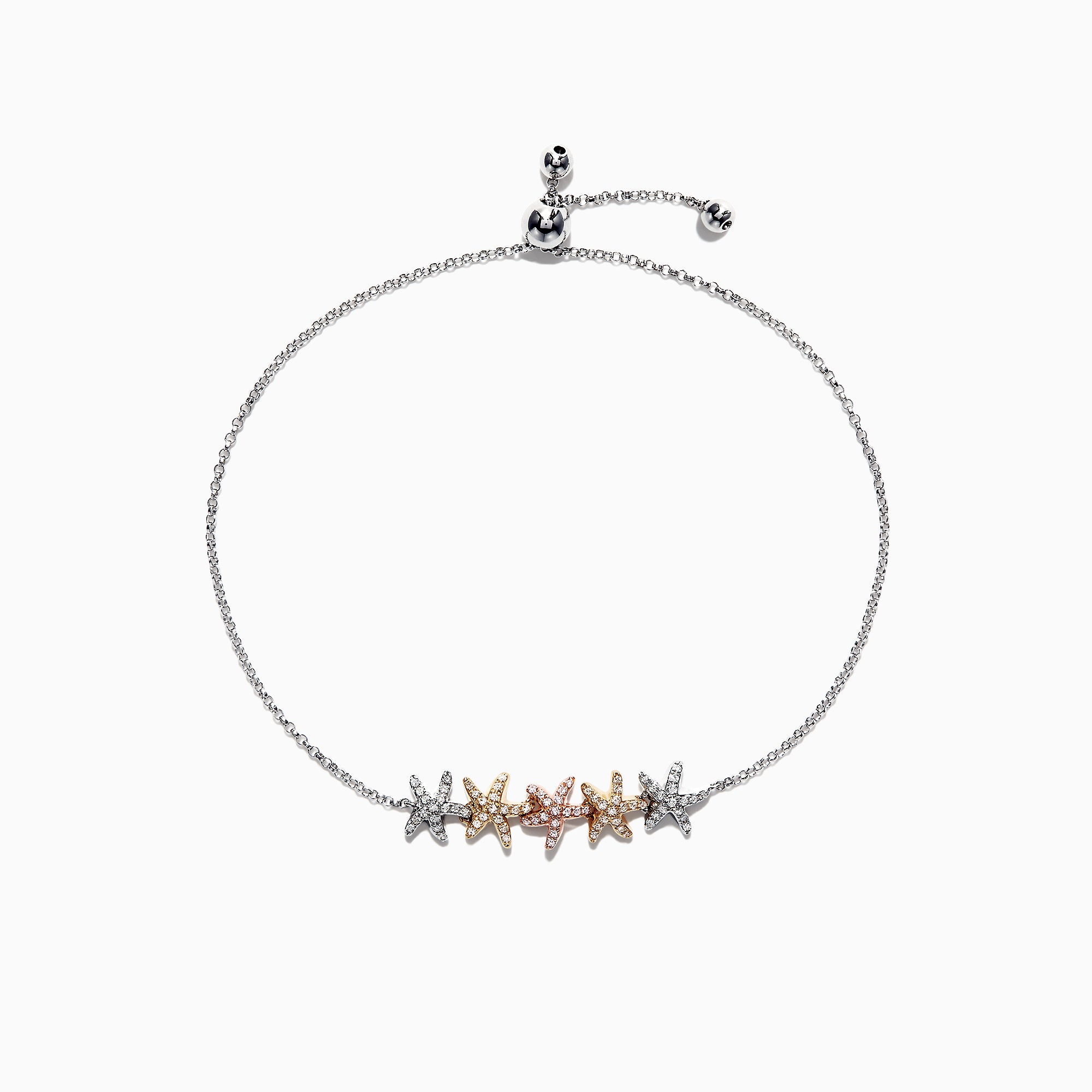 The Seaside 14K Tri Color Gold Diamond Starfish Bracelet features five diamond-encrusted starfish charms in silver, gold, and rose gold tones, arranged symmetrically along an adjustable chain. Total carat weight: 0.28 TCW.