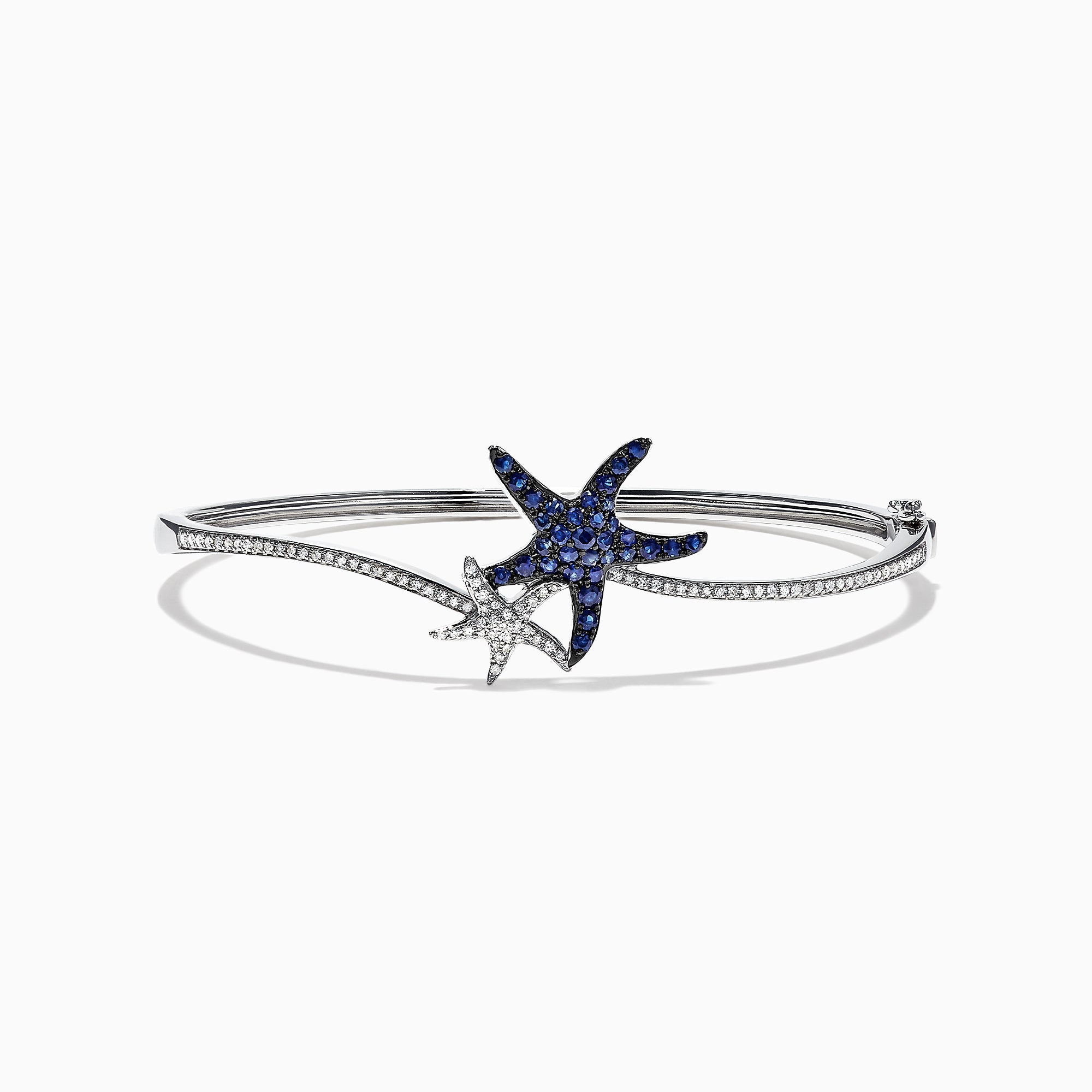 The Seaside 14K Gold Blue Sapphire & Diamond Starfish Bracelet, 1.06 TCW features two starfish—one adorned with blue sapphires, the other with diamond accents—plus sparkling clear stones along part of the bangle.