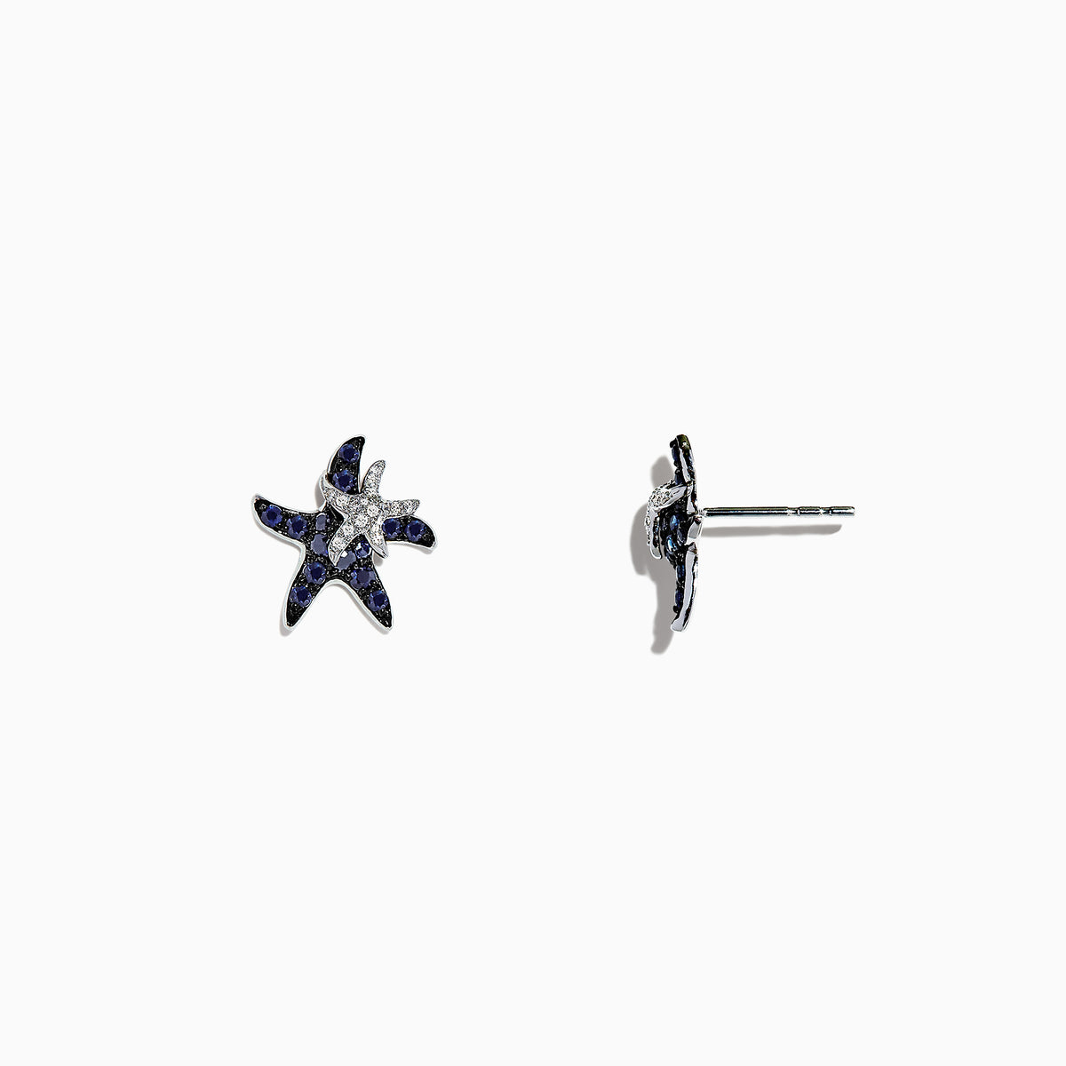 The Seaside 14K White Gold Sapphire & Diamond Starfish Stud Earrings (0.71 TCW) feature blue sapphires and diamonds in a starfish design, shown against a plain white background.