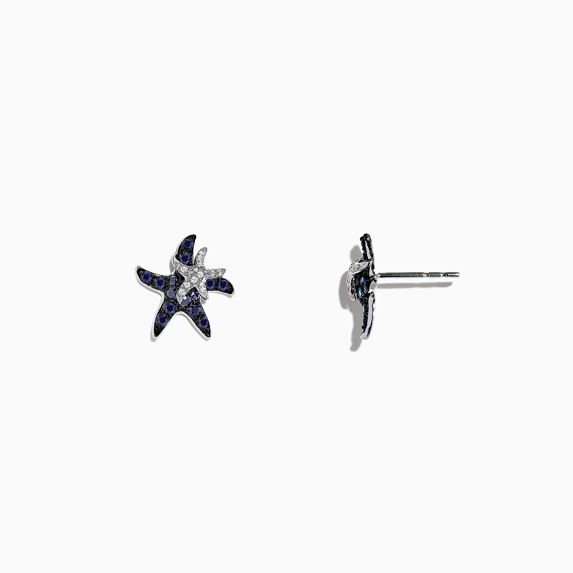 The Seaside 14K White Gold Sapphire & Diamond Starfish Stud Earrings (0.71 TCW) feature blue sapphires and diamonds in a starfish design, shown against a plain white background.