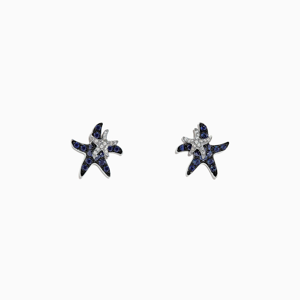 The Seaside 14K White Gold Sapphire & Diamond Starfish Stud Earrings (0.71 TCW) feature blue sapphires and diamonds in a starfish design, shown against a plain white background.