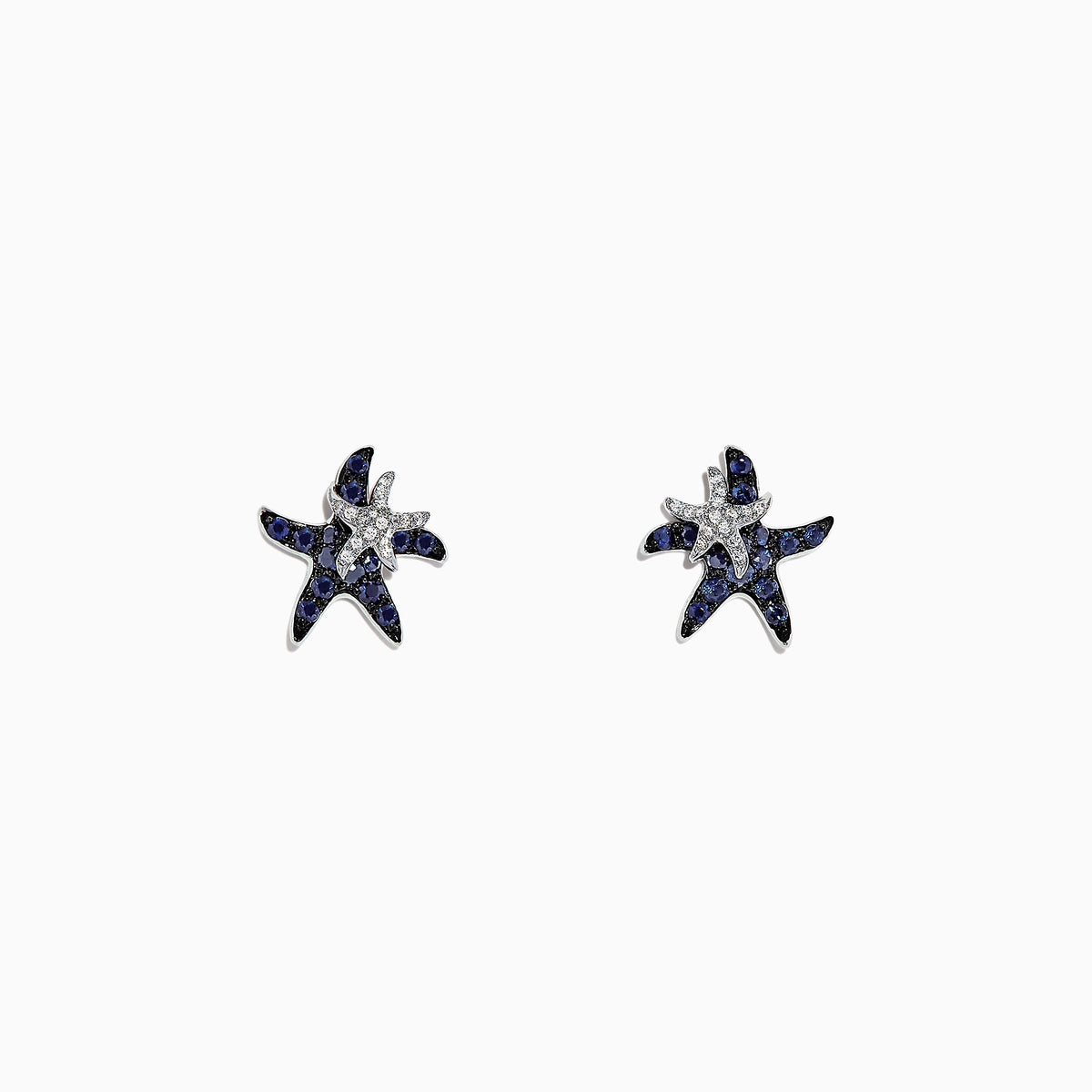 The Seaside 14K White Gold Sapphire & Diamond Starfish Stud Earrings (0.71 TCW) feature blue sapphires and diamonds in a starfish design, shown against a plain white background.