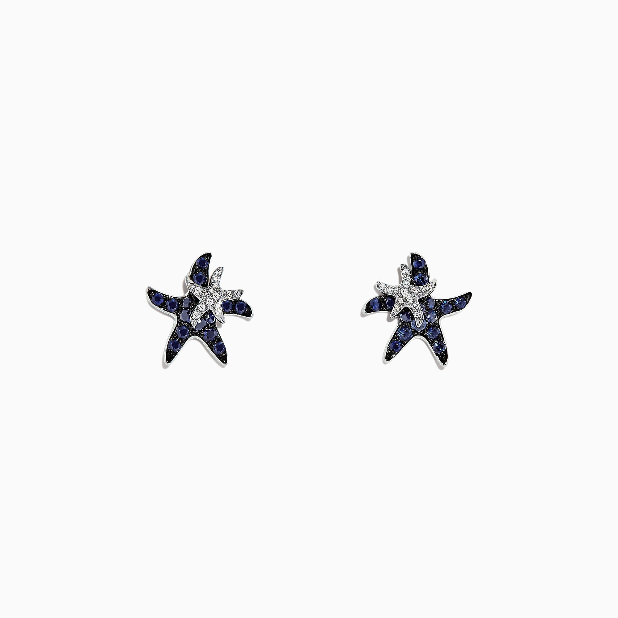The Seaside 14K White Gold Sapphire & Diamond Starfish Stud Earrings (0.71 TCW) feature blue sapphires and diamonds in a starfish design, shown against a plain white background.