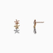 Seaside 14K Tri Color Gold Diamond Starfish Earrings—rose, yellow, and white gold—feature sparkling diamonds totaling 0.33 TCW, elegantly stacked against a crisp white background.