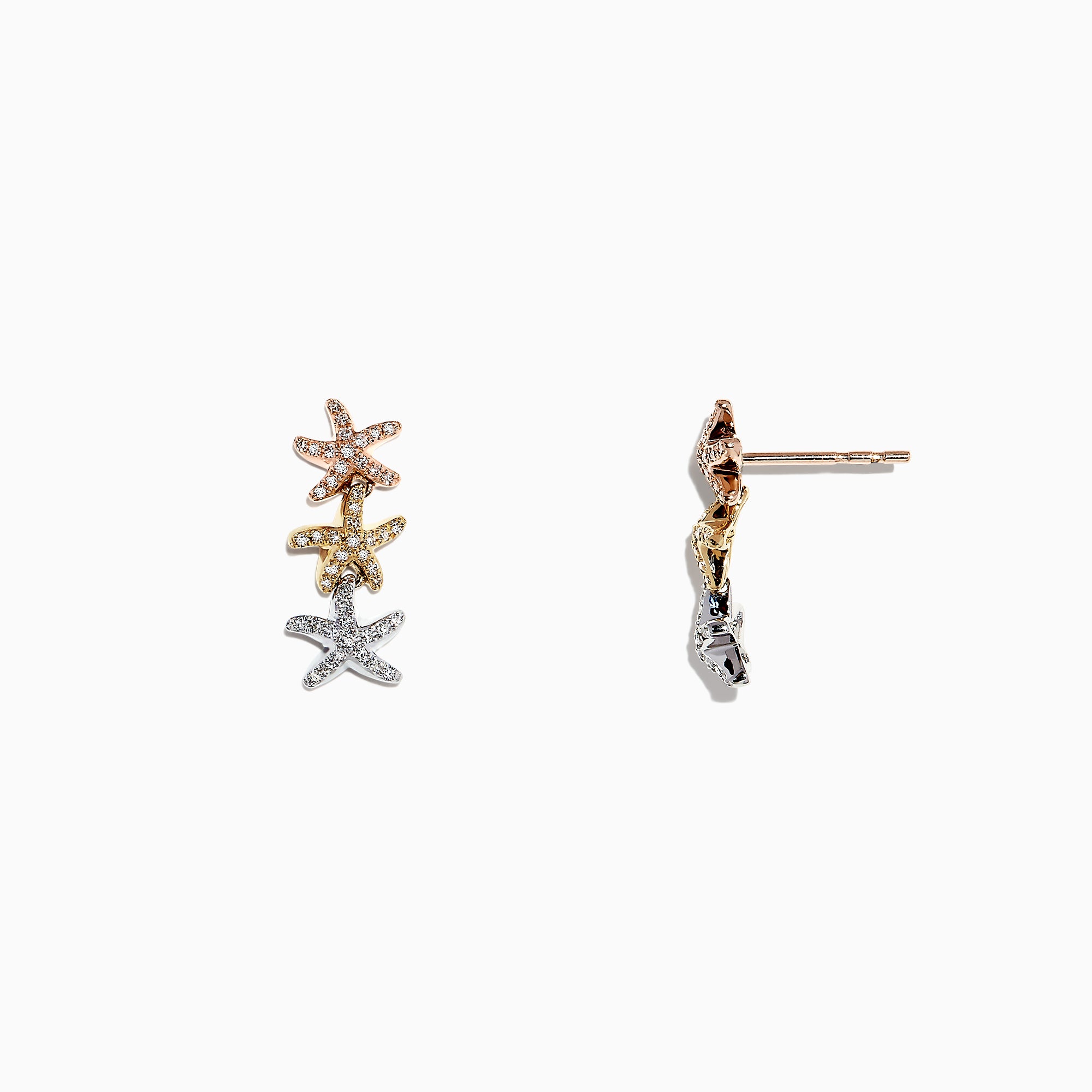 Seaside 14K Tri Color Gold Diamond Starfish Earrings—rose, yellow, and white gold—feature sparkling diamonds totaling 0.33 TCW, elegantly stacked against a crisp white background.